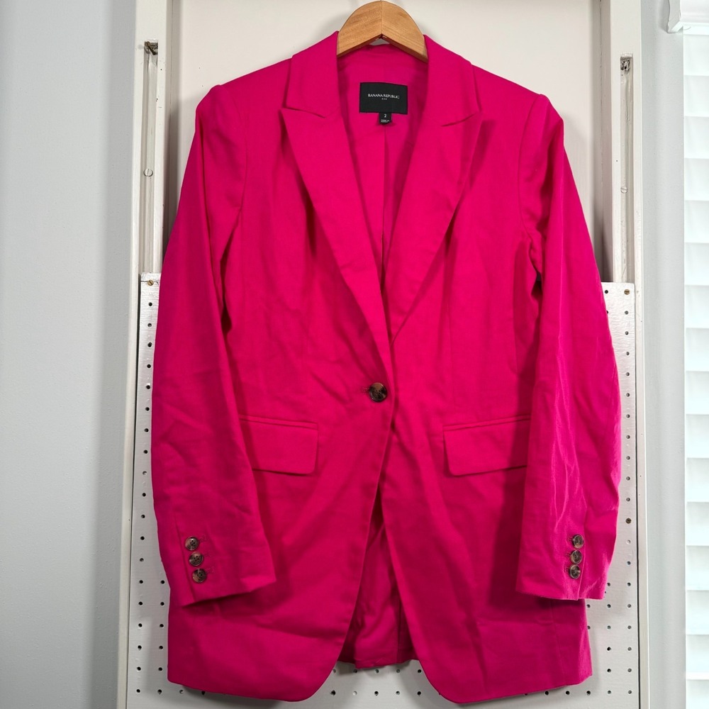 Banana Republic Blazer Women's Pink Peak‎ Lapel One-Button Jacket Linen 2 Career
